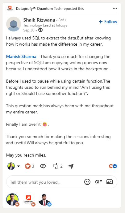 Manish Sharma SQL Training Feedback