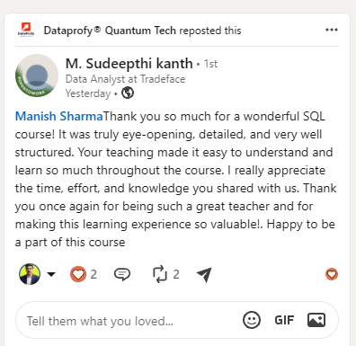 Manish Sharma SQL Training Feedback